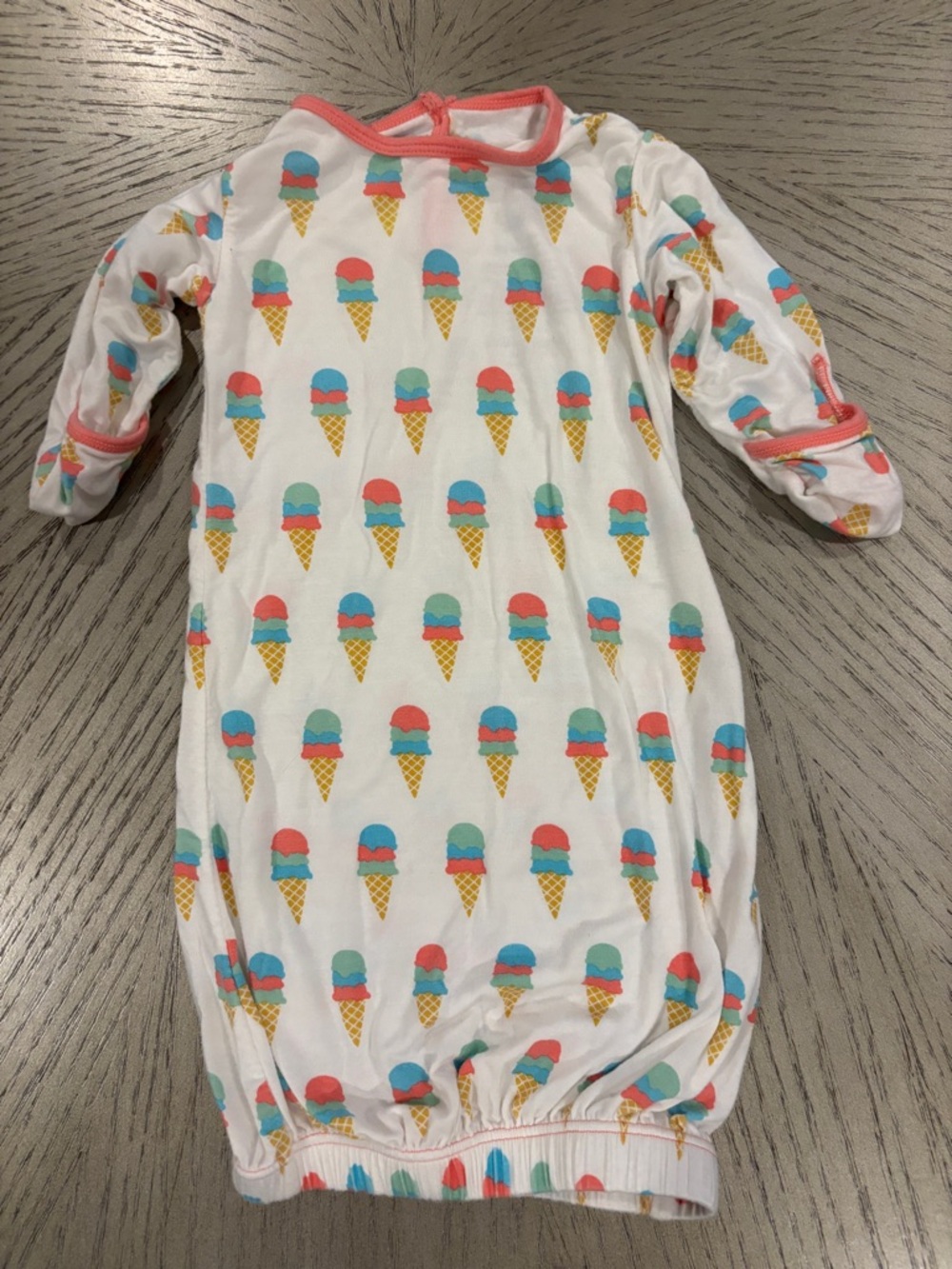 Kickee Pants White Baby Gown with Coral Trim and Multicolor Ice Cream Print